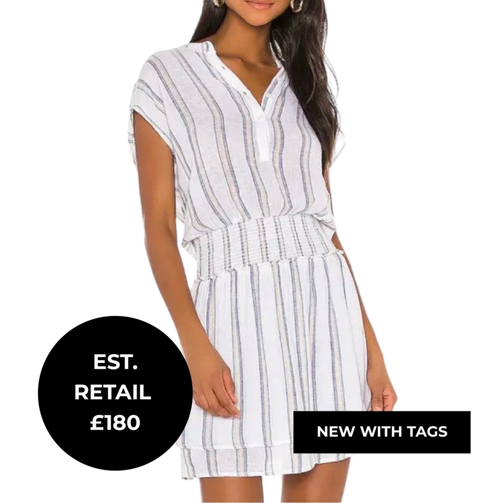 Rails Revolve New White Linen Angelina Striped Smocked Mini Dress S - Picture 1 of 6